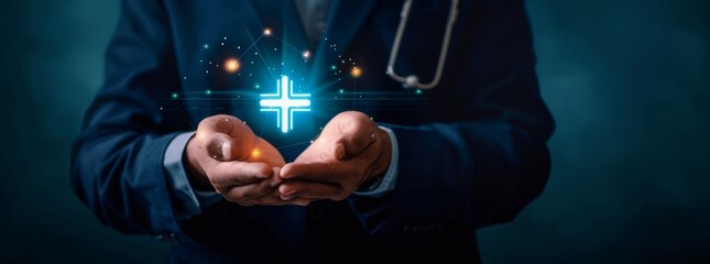 Poster - digital healthcare, unified networks, medical innovations, and a forward-looking healthcare concept.