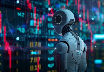 Wall Mural - Trading robot standing and analyzing the crypto trading graph, symbolizing the graph growth up and artificial intelligence for stock market analysis in the style of vray., generated with AI