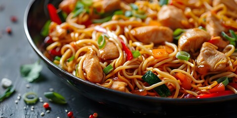 Wall Mural - Close-up Shot of Chicken and Vegetable Chow Mein Noodles. Concept Food Photography, Close-up Shots, Noodle Dishes, Chinese Cuisine, Food Styling