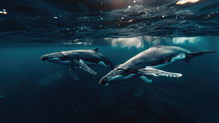Wall Mural - A photo of two humpback whales swimming in the ocean. An underwater shot