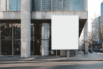 Wall Mural - An exterior wall of a building with a blank billboard for a mock-up advertisement. City background. Artificial Intelligence.