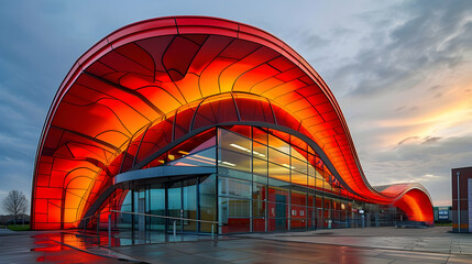 Modern architecture with striking red and orange colors, glass installations, and a curved canopy roof