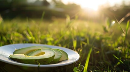 Sliced on avocado on the white plate with meadow background and sunlight.