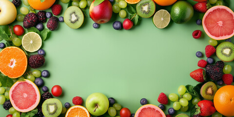 frame of summer fresh fruit on a green background with copy space