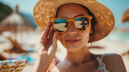 Wall Mural - Beach Sunglasses. Woman Relaxing at Tropical Beach Holding Sunglasses and Hat