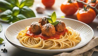 Wall Mural - Spaghetti pasta with meatballs with tomato sauce, basil & parmesan cheese on a white plate; table