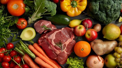 Top view of vegetables, fruit and meat on the desk. Healthy, dieting, and vegan food concept.