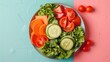© songwut - A healthy salad bowl on a pastel-colored background, promoting fresh and nutritious eating. --ar 16:9 --style raw Job ID: 75e60eb6-ae2b-4589-b52e-abc9aed2321b