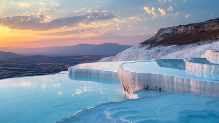 Photo of Pamukkale, in Turkey, terraces made from white salt and blue water pools in the style of terraces