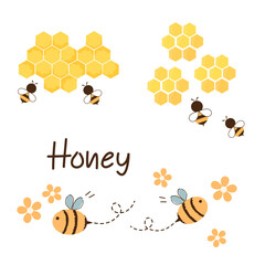 Wall Mural - Beehive honey sign with hexagon grid cells, bee cartoons, hand written font and cute flower icon sign isolated on white background vector.