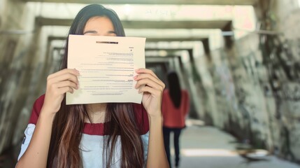 Wall Mural - a girl holding a paper with a resume on it