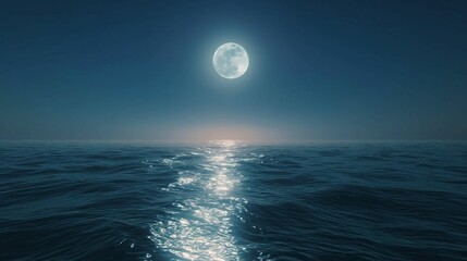 Wall Mural - Full moon over the ocean with moonlight reflection on water.