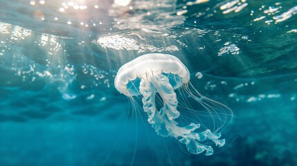 Wall Mural - White jellyfish floating in clear blue ocean water with sunlight filtering through the surface.