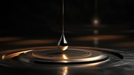 Poster - Close-up of an elegant liquid drop suspended above a surface, creating a ripple effect in a dark, minimalistic setting.
