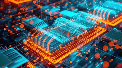 Poster - Close-up of a digital circuit board illuminated by vibrant neon blue and orange lights, showcasing advanced technology.

