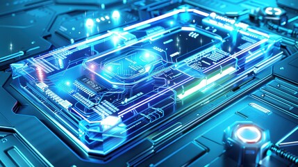 Aufkleber - Close-up of a futuristic circuit board featuring glowing blue LED lights and advanced electronic components, showcasing intricate and high-tech design.
