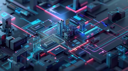 Aufkleber - A detailed futuristic circuit board featuring intricate neon light paths in blue and pink, highlighting advanced technology and high-tech design.
