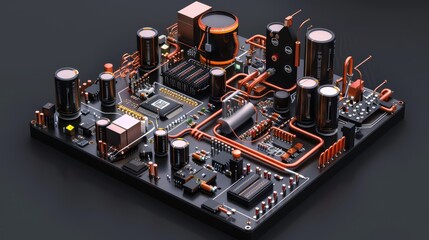 Aufkleber - A detailed electronic circuit board featuring various components and prominent copper elements, showcasing advanced technology and sophisticated design.
