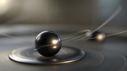 Poster - Close-up of a minimalist pendulum in motion, featuring a sleek metallic sphere and abstract motion blur against a soft background.
