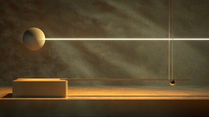 Poster - A minimalist sculpture featuring illuminated balancing elements, including a textured sphere and a suspended metallic ball, in a warm, ambient setting.
