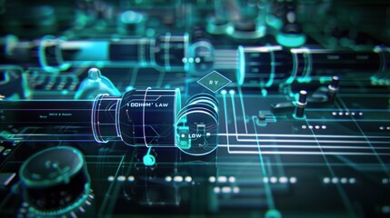 Poster - Close-up of a futuristic circuit board with digital interface elements, showcasing advanced technology and electronic components.

