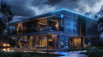Poster - A smart house design featuring automated systems for lighting, security, and climate control integrated into a sleek modern home