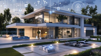 Poster - A smart house design featuring automated systems for lighting, security, and climate control integrated into a sleek modern home