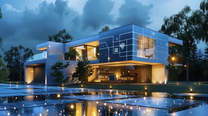 Poster - A smart house design featuring automated systems for lighting, security, and climate control integrated into a sleek modern home
