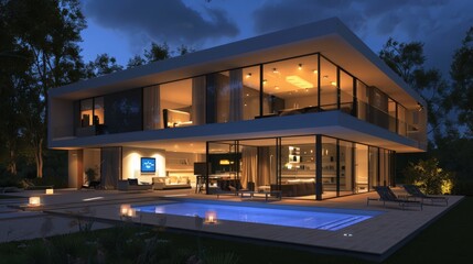 Poster - A smart house design featuring automated systems for lighting, security, and climate control integrated into a sleek modern home