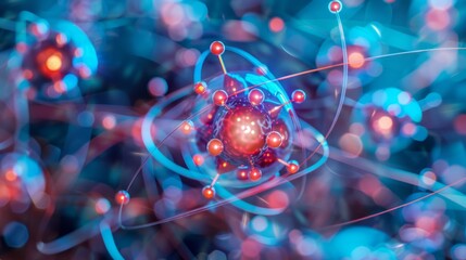 Poster - A colorful image of atoms and molecules with a red ball in the middle