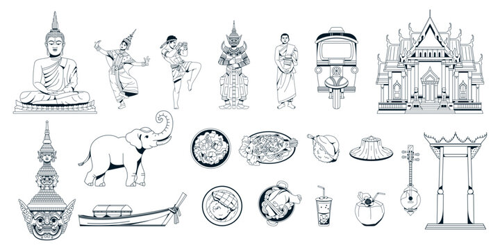 Vector Travel Thailand Cartoon Traditional Culture Set Illustration Isolated
