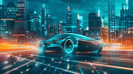 Poster - An autonomous future car glides seamlessly through a smart city, using advanced AI to navigate with precision and safety