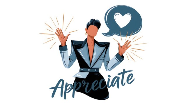 Above the figure, there's a blue speech bubble containing a white heart. The word 'APPRECIATE' is written below the figure, suggesting the theme or message of the image.