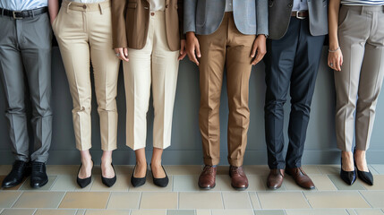 Wall Mural - Soft focus of lower half of a diverse business team pose for job applicants in suits standing in row, waiting for recruiting talk or interview results. HR, hiring, employment concept