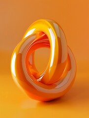  A shiny orange glass sculpture in the shape of two intertwined rings with an orange background and light reflection and refraction creating a depth of field effect