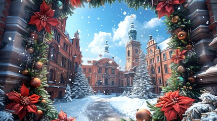 Wall Mural - Paint a festive Christmas background with a lively town square, filled with festive decorations, holiday music, and joyful laughter.