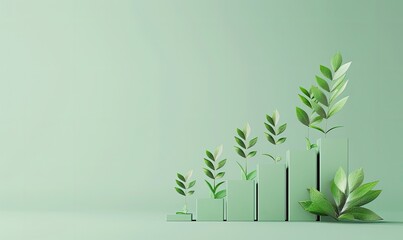 Green growth chart with leaves symbolizing sustainable business growth and eco-friendly development on a green background.