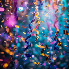 Close-up of colorful confetti and streamers in a disco setting with vibrant lighting. Ideal for party themes, celebrations, and festive backgrounds.