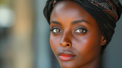 Close-up portrait of a woman with dark skin wearing a black headscarf, her eyes looking directly at the camera