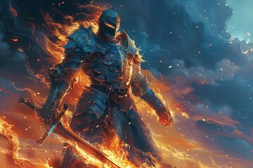 Wall Mural - mystical evil knight engulfed in fiery flames fantastical digital illustration