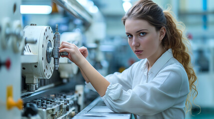 Poster - Confident Female Engineer Operating Industrial Machinery in Factory