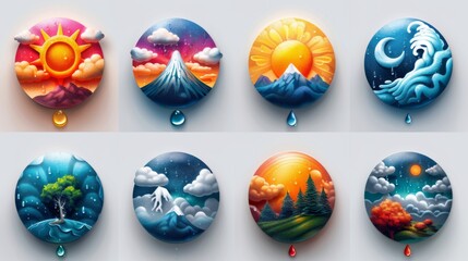 Show a set of weather symbols, including sun, rain, and