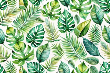 Poster - Watercolor jungle leaves seamlessly repeatable pattern, dense, tropical, foliage, lush, botanical, green, exotic