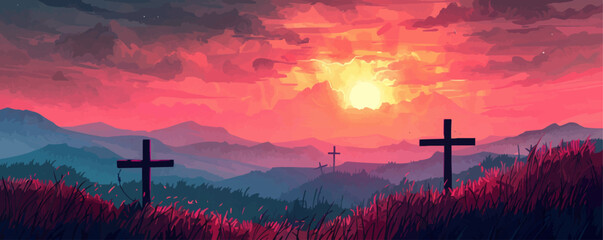 Poster - calvary sunset background for good friday he is risen. vector simple illustration