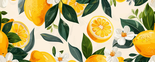 Wall Mural - Tropical summer seamless pattern with lemons, leaves and flowers. Citrus fruit background. Modern trendy design for paper, cover, fabric. Vector flat minimalistic isolated illustration