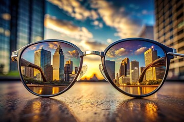 Wall Mural - Reflection of a cityscape in a stylish pair of sunglasses , urban, city, buildings, skyline, reflections, sunglasses