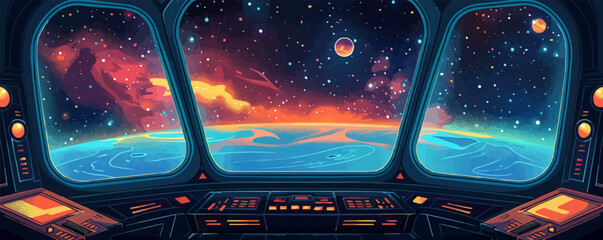 Spaceship floating in the depths of space, with windows overlooking endless stars. Vector flat minimalistic isolated illustration.