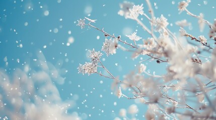 Poster - close-up view of delicate snowflakes gently falling against a clear, pastel blue sky.