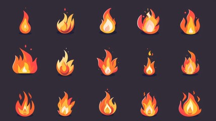 Poster - collection of flat style fire icons, with the most popular designs from online stock photography websites highlighted.