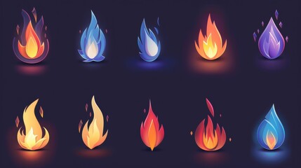 Fototapete - collection of flat-style flame symbols meticulously crafted from different materials, highlighting their diverse applications and artistic potential.